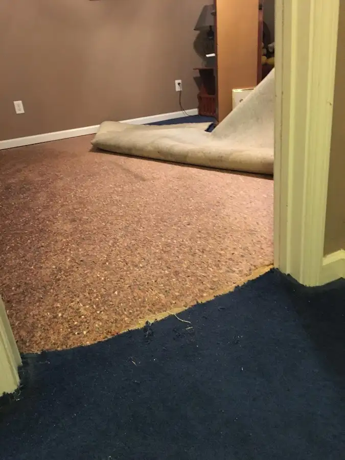 Carpet pad removal revealing water damage during Drying & Dehumidification in Brookfield