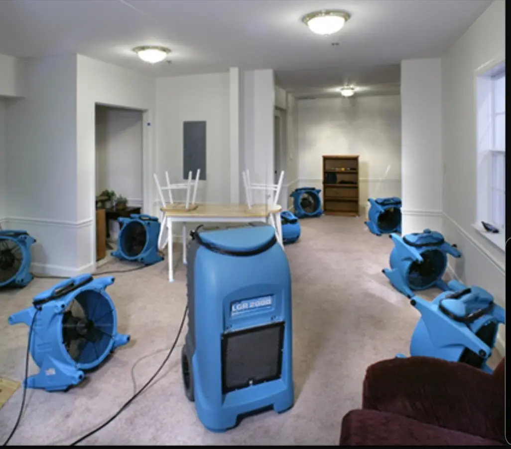 Air movers and dehumidifier setup for Water Damage Restoration in Brookfield